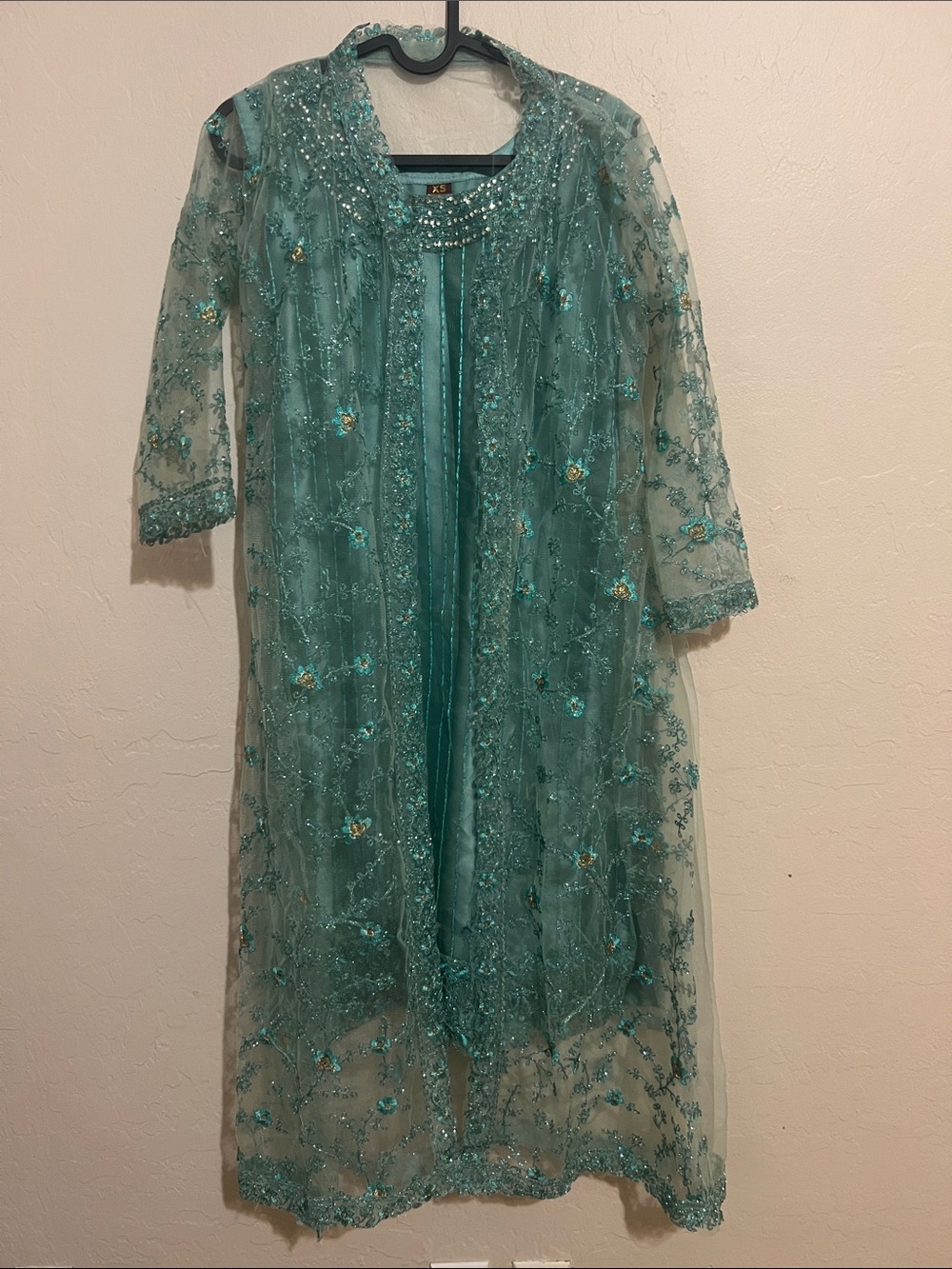 Girls Teal Embroidered Party Dress with Overlay